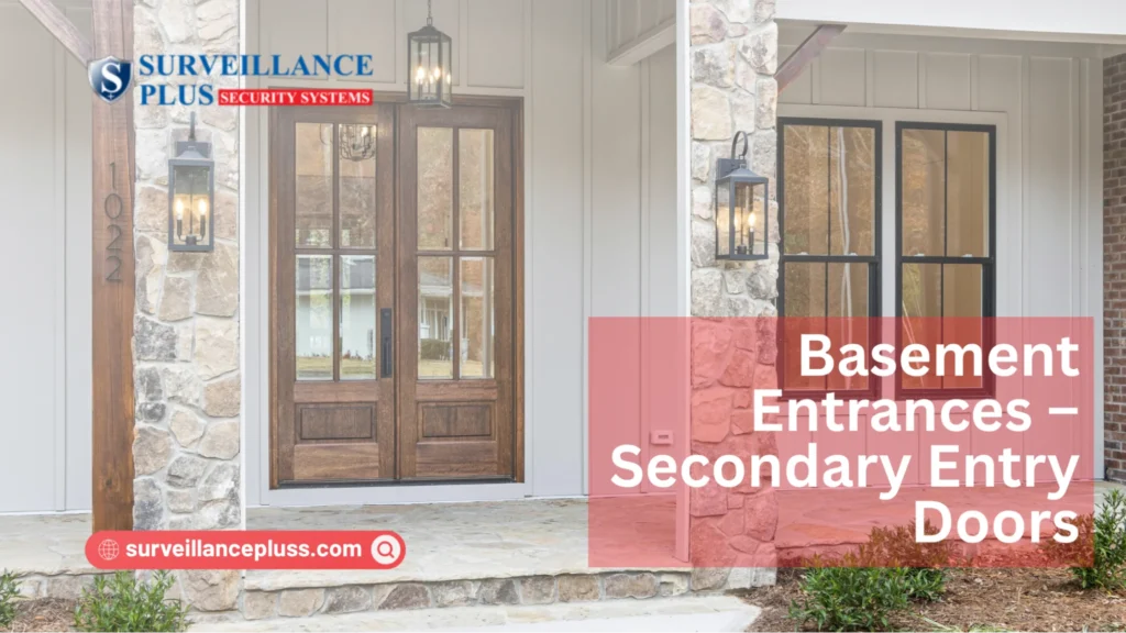 Basement security camera placement near a secondary entry door of a residential home