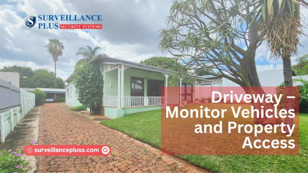 Driveway security camera placement at a residential home to monitor vehicles and property access