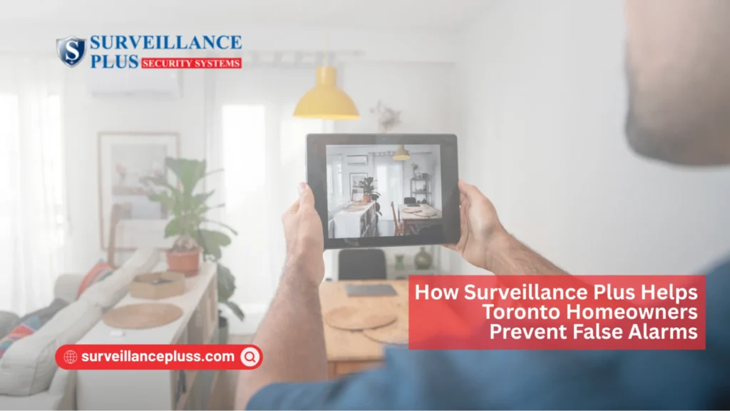 Toronto homeowner checking a beeping house alarm system with help from a security technician